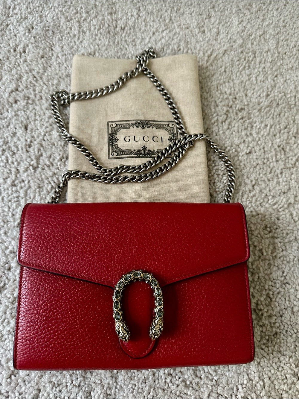 Red Gucci Dionysus Leather Wallet on Chain